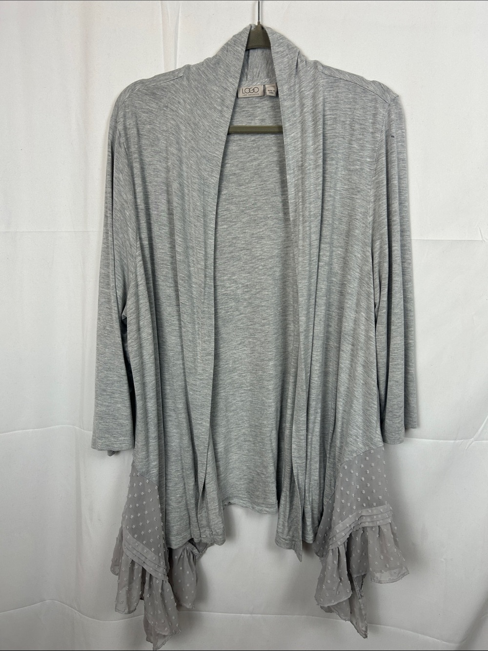 LOGO by Lori Goldstein Light Gray Draped Cardigan with Ruffle Hem